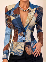 Women's Slim-fit Casual Long-sleeve Jacket With Lapel And Abstract Print