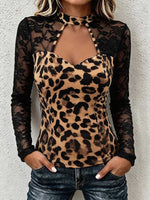 Women's Stand-collar Long-sleeve Slim-fit Leopard Print & Lace Panel Casual Top