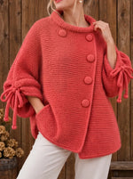 Women's Chunky Knit Asymmetric Button Sweater - Lantern Sleeve Tie-cuff Cardigan Coat