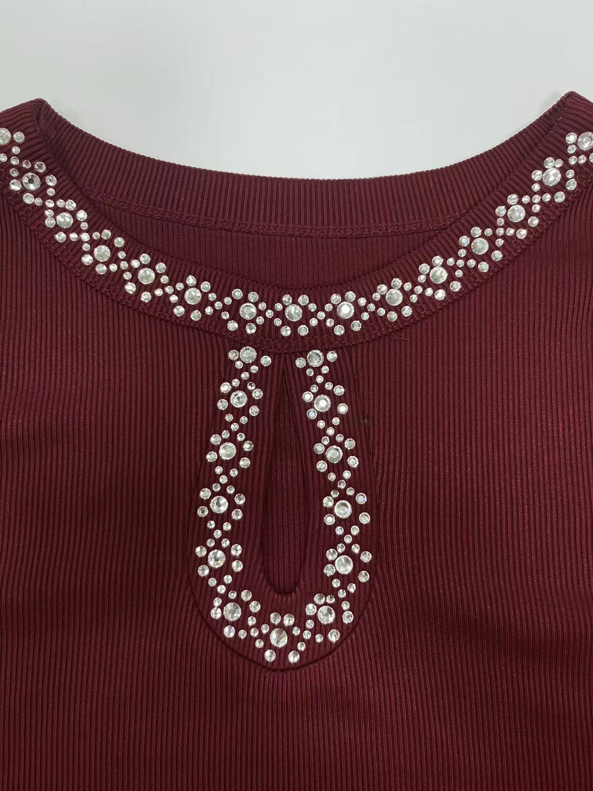 Rhinestone-embellished Ribbed Knit Top