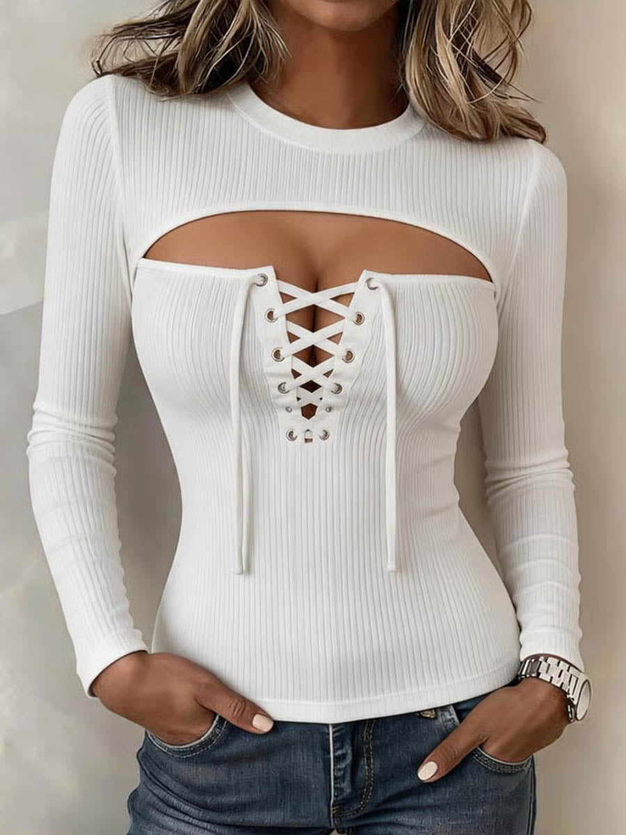 Women's Solid Color Crew Neck Long-sleeve Casual Knit Top With Wide Cut-outs And Lace-up Detail