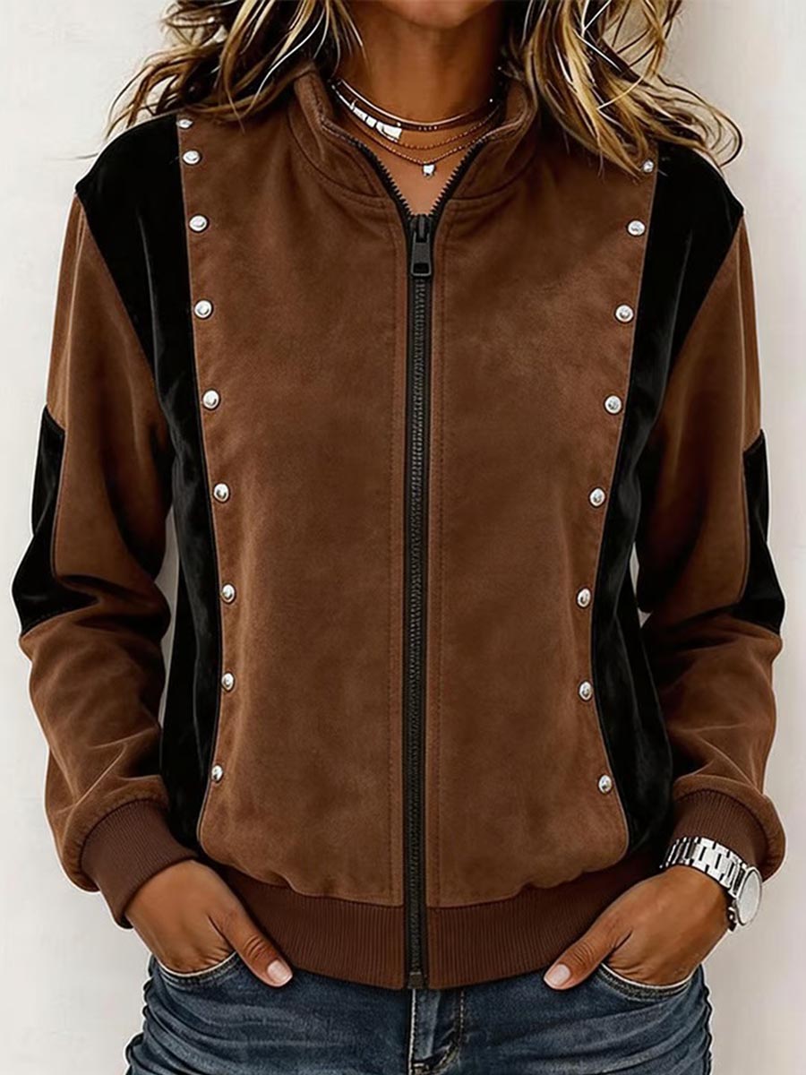 Women's Color-block Stand-collar Long-sleeve Studded Loose Casual Cardigan