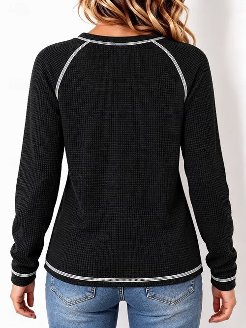 Relaxed-fit Casual Waffle-knit Cotton Long-sleeve Top