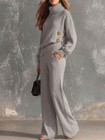 Women's Solid Color High-neck Long-sleeve Loose Top With Irregular Hem And High-waisted Wide-leg Pants Knit Set