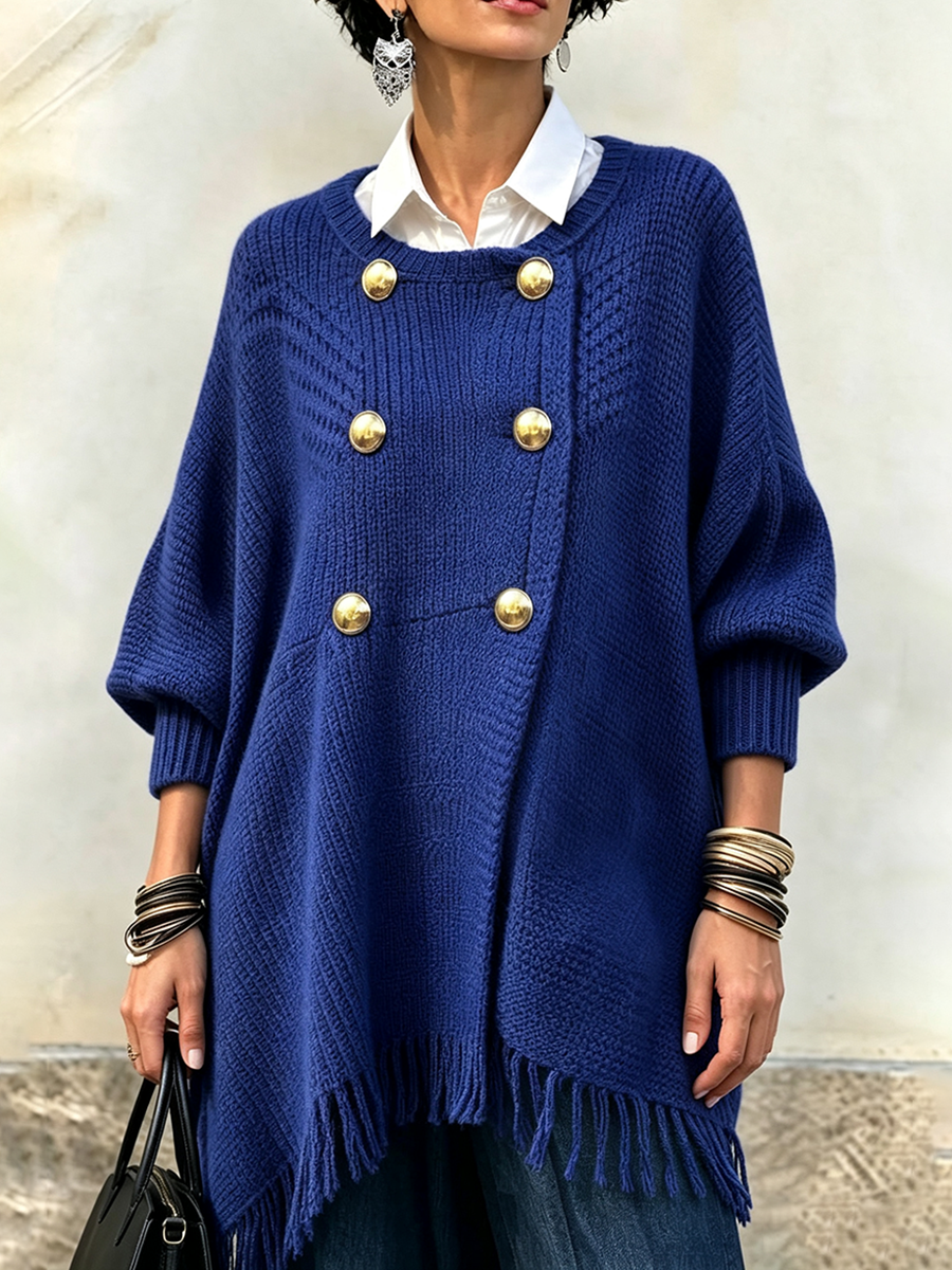 Elegant Royal Blue Double-breasted Fringe Knit Oversized Long Sweater