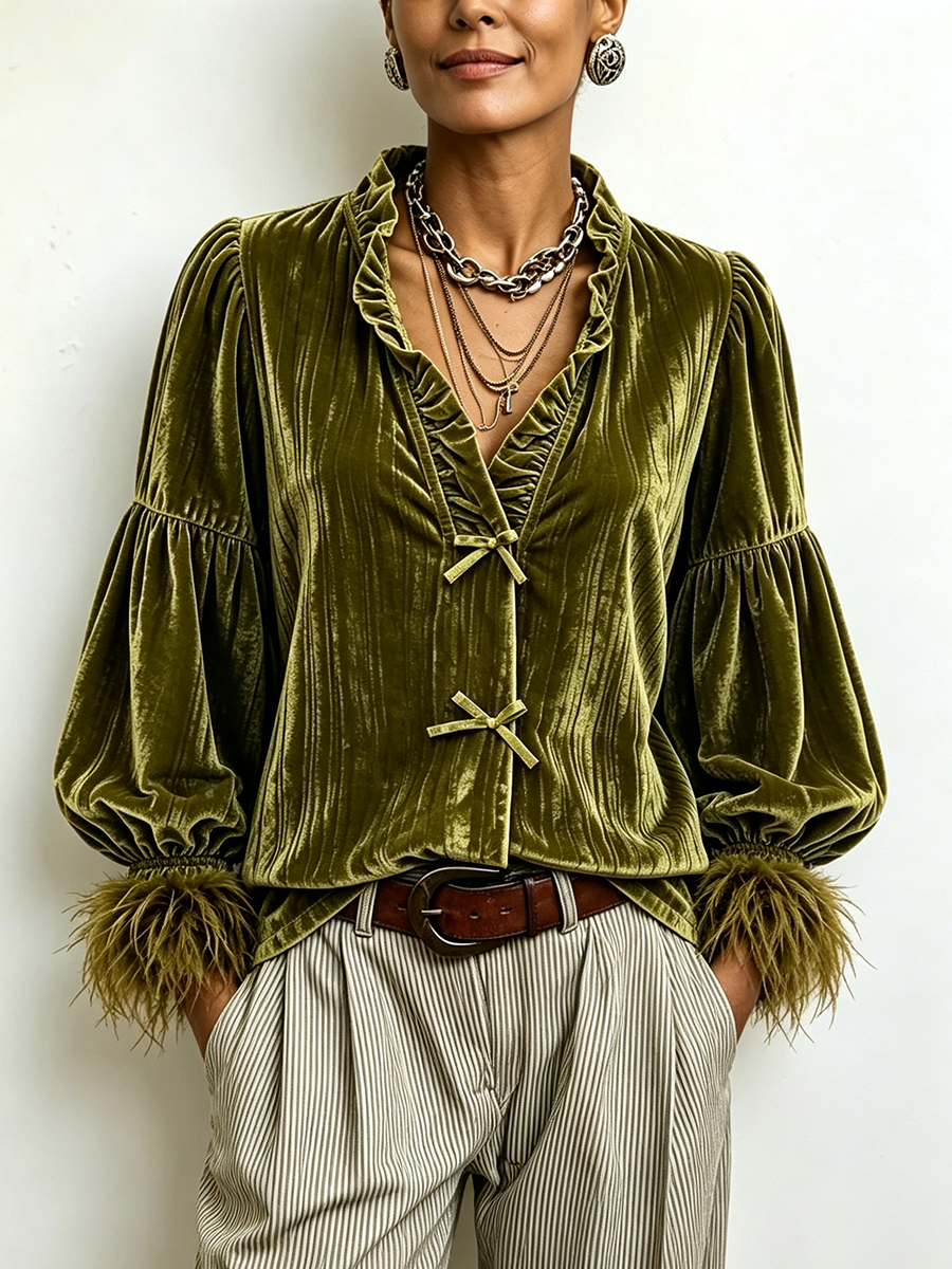 Chic Ruffle Collar Velvet Olive Blouse