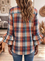 Women's Casual Plaid Button-down Shirt With Ruffled Bell Sleeves