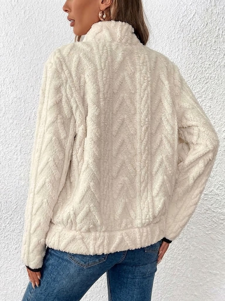 Half Zip Stand Collar Cable Fleece Long Sleeve Top