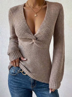 Long-sleeve Fitted Knit Top With A Twisted Deep-v Neckline