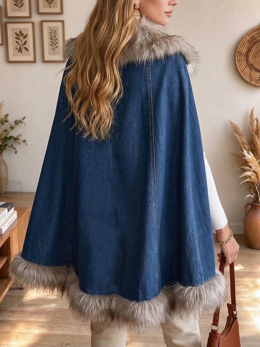 Women's Vintage Denim Cape Coat with Faux Fur Trim