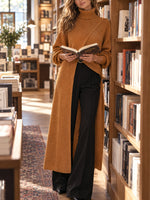 Chic Long-line Knit Top With A Wrap-style High Neck