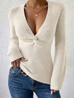 Long-sleeve Fitted Knit Top With A Twisted Deep-v Neckline