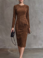 Women's Solid Color Crew Neck Long-sleeve Slim-fit Casual Dress With Tassels