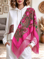 Women's White Hoodie With Attached Pink Floral Fringe Shawl