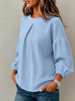 Women's Solid Color Crew Neck Long-sleeve Loose-fit Waffle Knit Casual Top