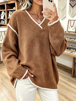 Casual Oversized V-neck Knit Sweater With Contrast Piping