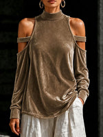 Women's Velvet Mock Neck Cold Shoulder Long Sleeve Top