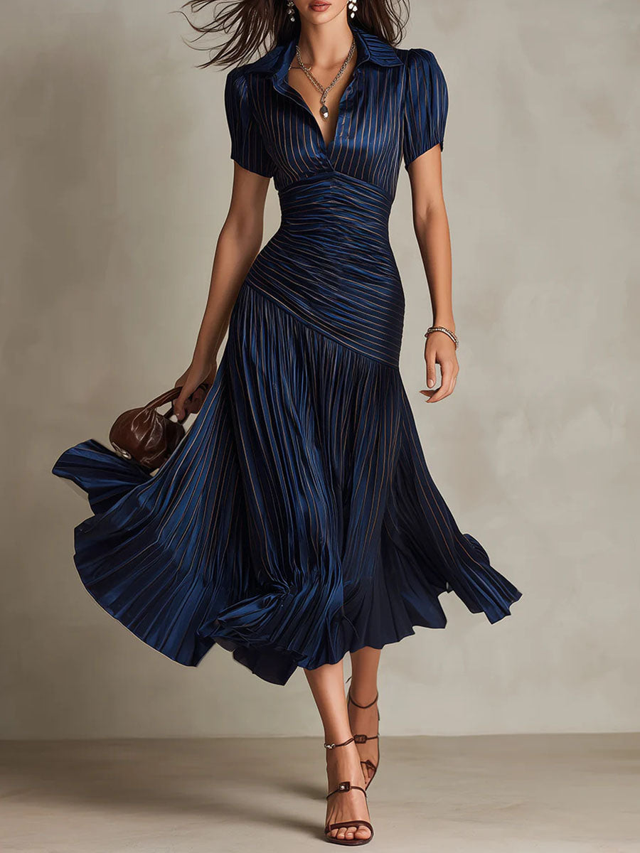 Women's Short-sleeve A-line Dress With Color-block Stripes, Collar, And Waist-cinching Fit