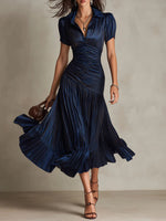 Women's Short-sleeve A-line Dress With Color-block Stripes, Collar, And Waist-cinching Fit