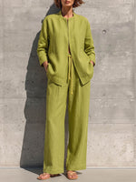 Women's Solid-color Cotton-linen Set: Loose Long-sleeve Crew-neck Top & High-waisted Wide-leg Pants