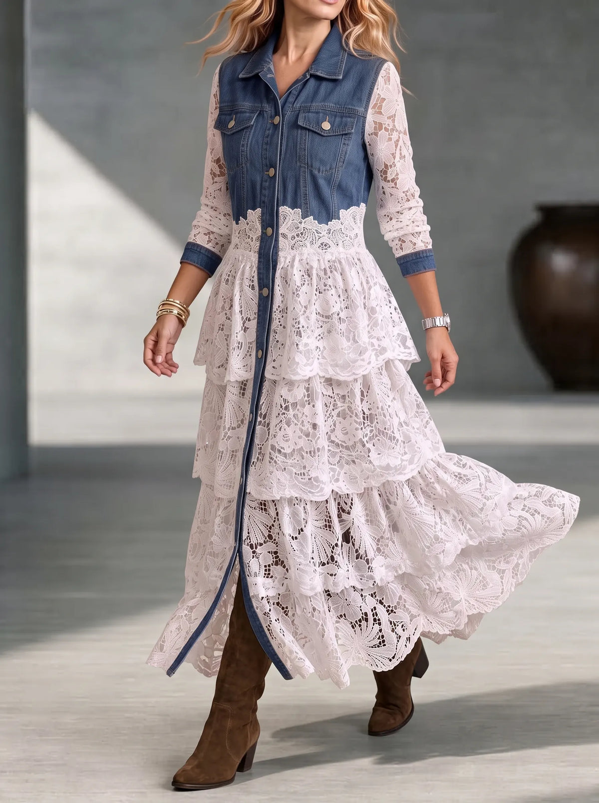 Women's Vintage Denim And Tiered Lace Maxi Dress - Button-down Western Boho Shirt Dress