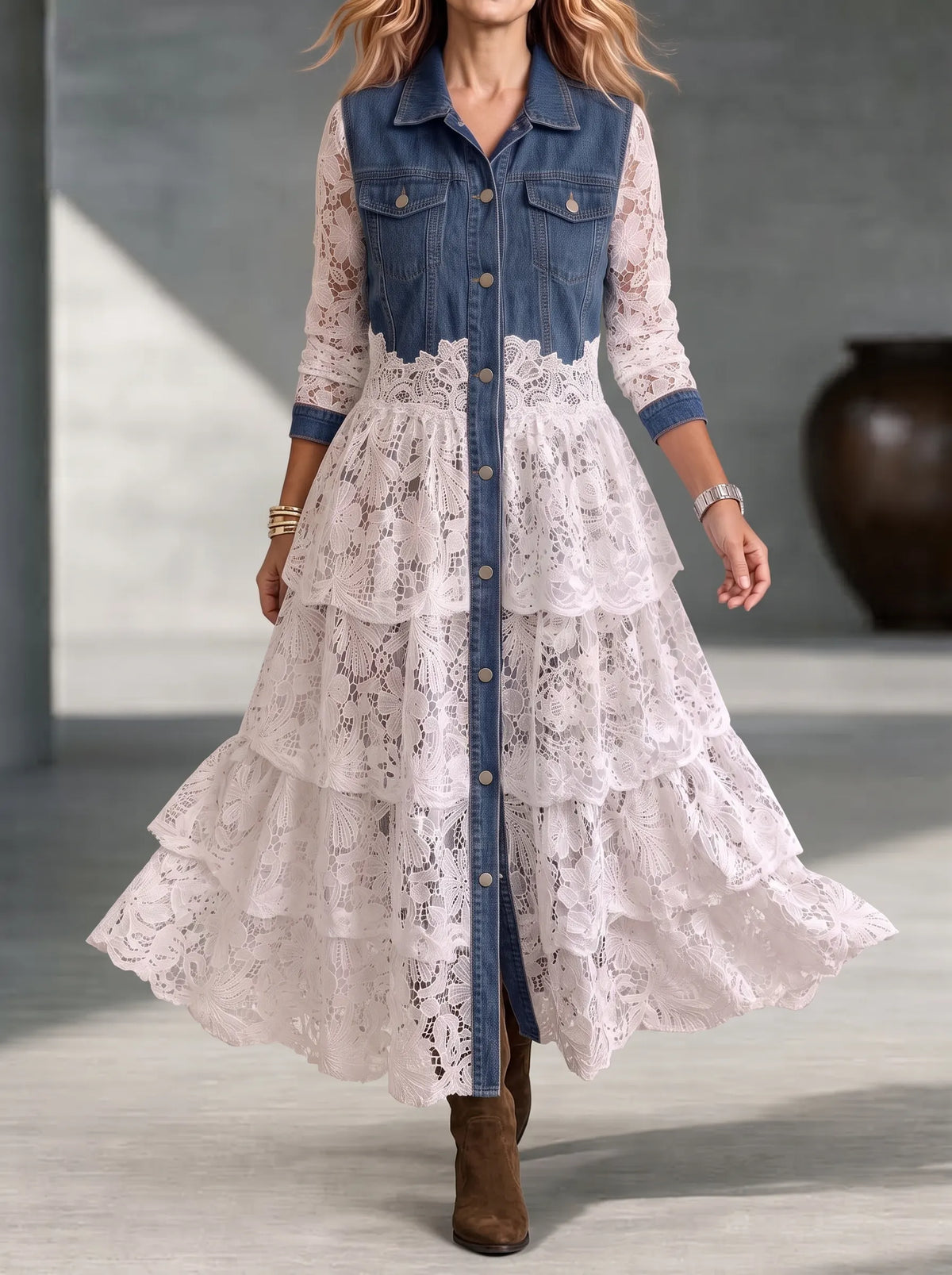 Women's Vintage Denim And Tiered Lace Maxi Dress - Button-down Western Boho Shirt Dress