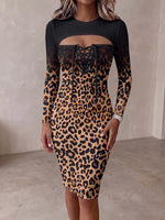 Women's Gradient Leopard Print Knit Bodycon Dress With Crew Neck, Cut-out Detail, Lace-up Front, And Long Sleeves