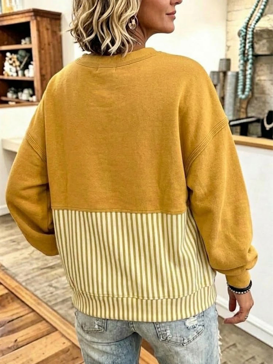 Striped-panel Drop-shoulder Lantern-sleeve Crew-neck Sweatshirt
