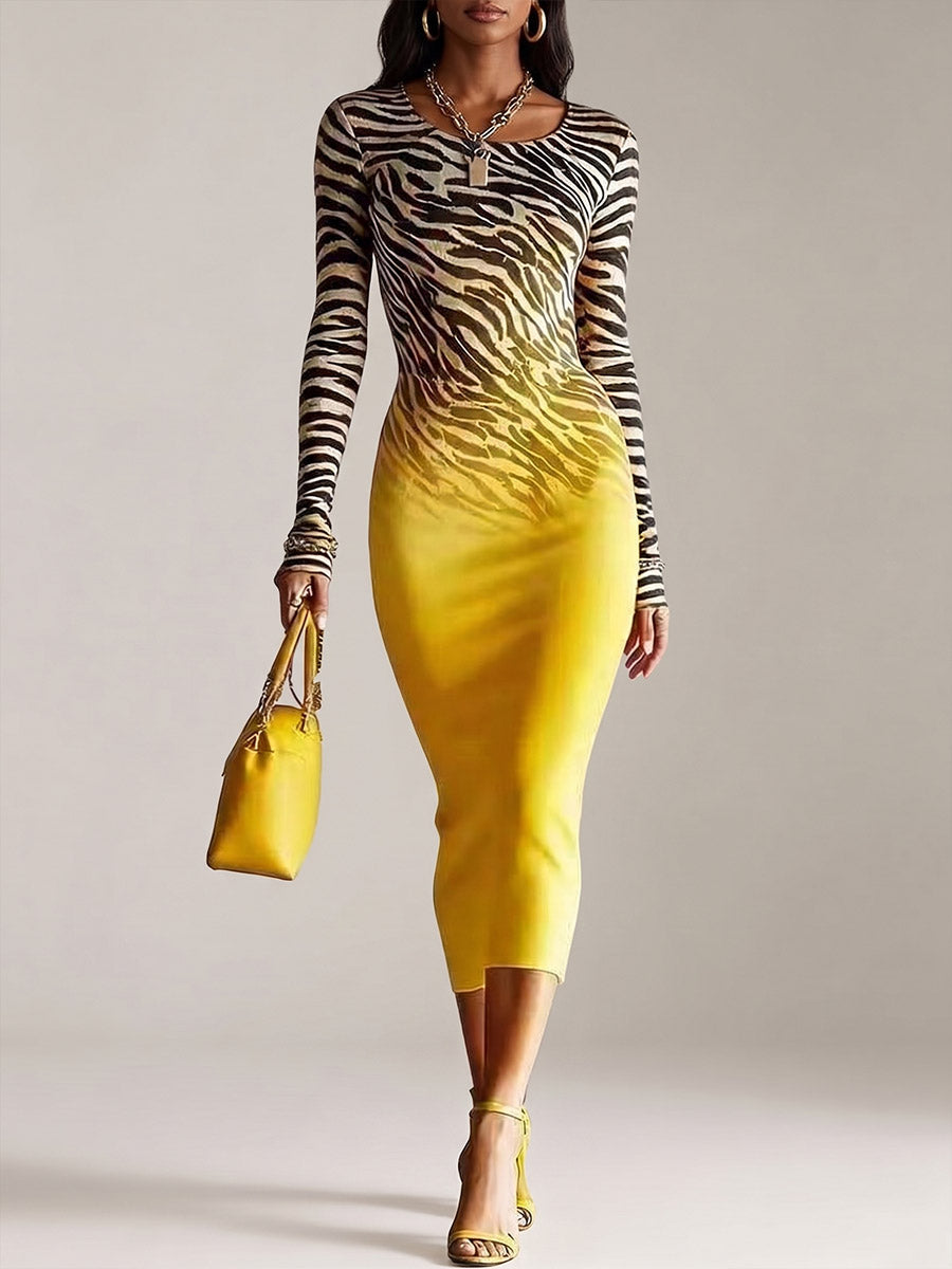 Women's Zebra-print Ombré Crew-neck Long-sleeve Bodycon Dress