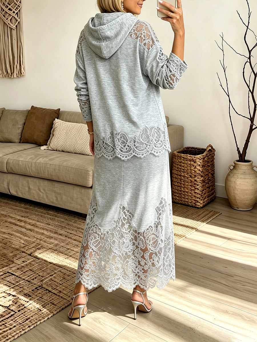 Cozy Lace-Accented Hooded Knit Two-Piece Set
