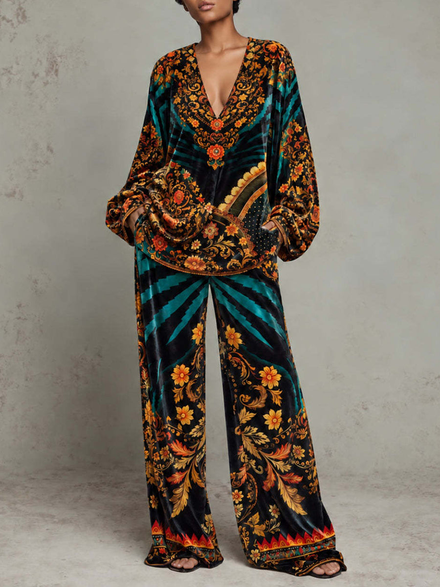 Bohemian Velvet Floral Print Matching Top & Wide-Leg Pants Set