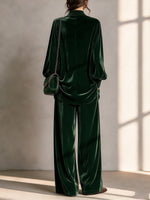 Vintage-style Dark Green Velvet Two-piece Set (top And Wide-leg Trousers)