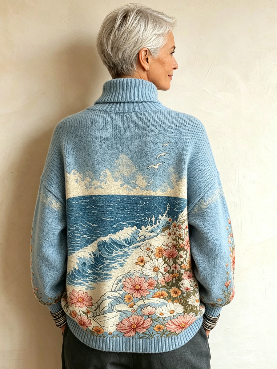 Artistic Coastal Pattern Blue Turtleneck Knit Sweater