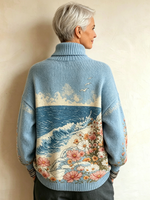 Artistic Coastal Pattern Blue Turtleneck Knit Sweater