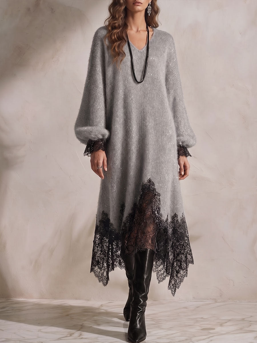Women's V-neck Long-sleeve Casual Loose-fit Knit Dress With Lace Paneling And Subtle Shimmer