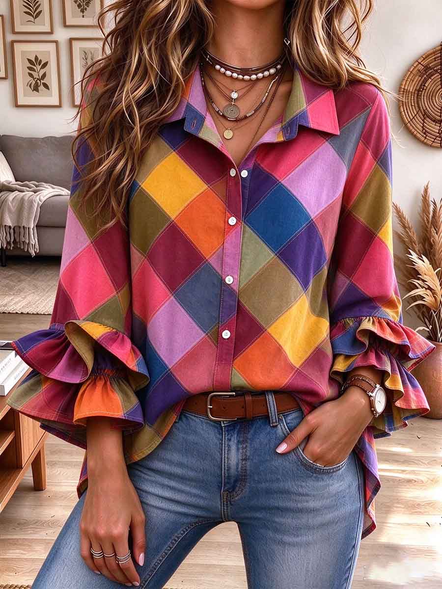 Women's Colorful Plaid Button Down Shirt With Tiered Ruffle Bell Sleeves