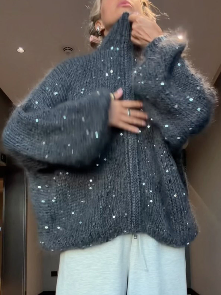 Chic Oversized Chunky-knit Zip-up Cardigan With Sequin Embellishments.