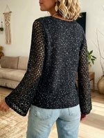 Sequin-embellished Openwork Crochet Knit Top With Flared Long Sleeves