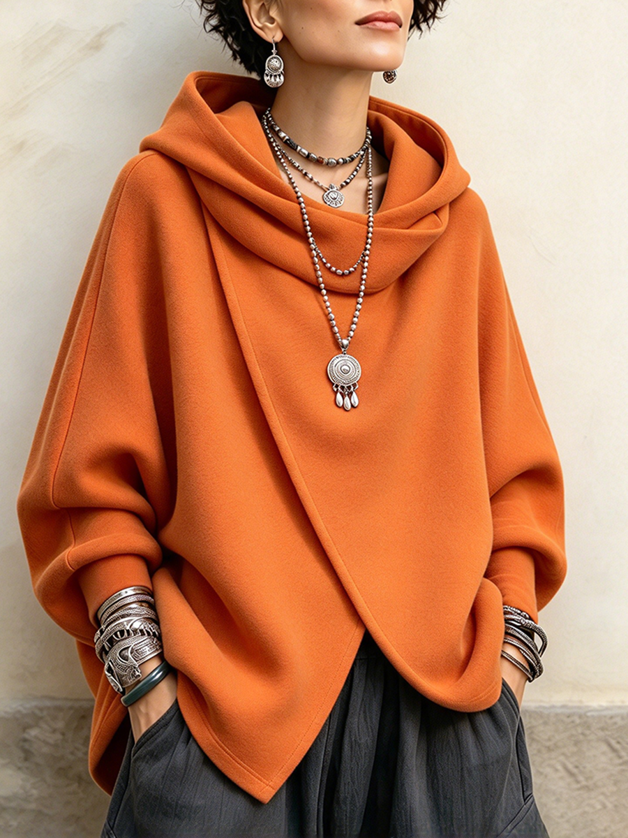 Cozy Vibrant Asymmetric Orange Versized Hooded Sweatshirt