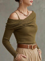 Women's Solid Color Asymmetric Pleated Off-shoulder Long-sleeve Loose Casual Knit Top
