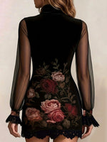 Floral Print Slim-fit Mini Dress With Mesh Paneling