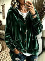 Women's Solid Color V-neck Long-sleeve Casual Loose Hooded Velour Cardigan
