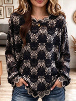 Women's Elegant Sheer Floral Lace Long Sleeve Blouse with Scalloped Hem
