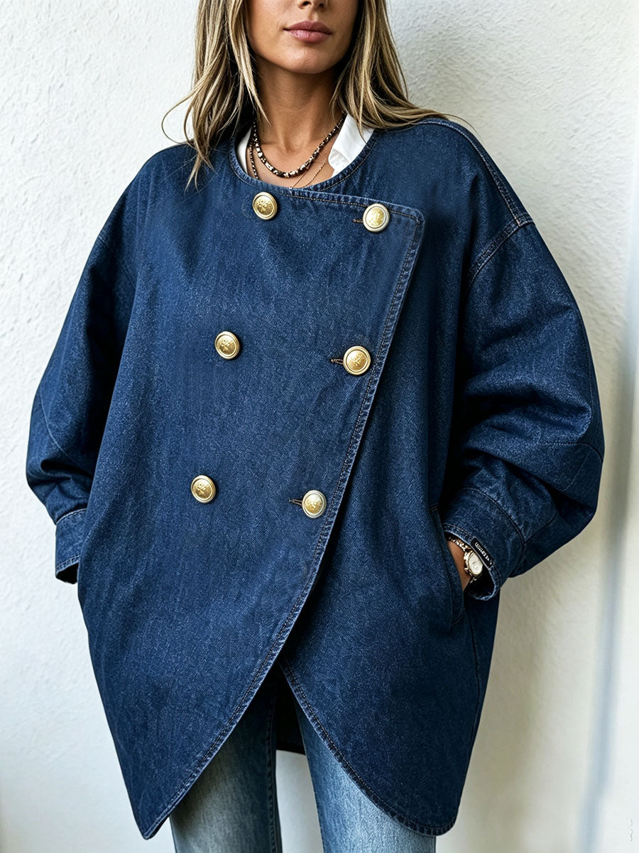 Elegant Dark Blue Denim Double-breasted Jacket