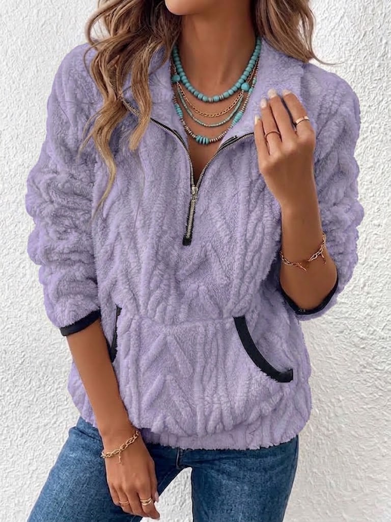 Half Zip Stand Collar Cable Fleece Long Sleeve Top
