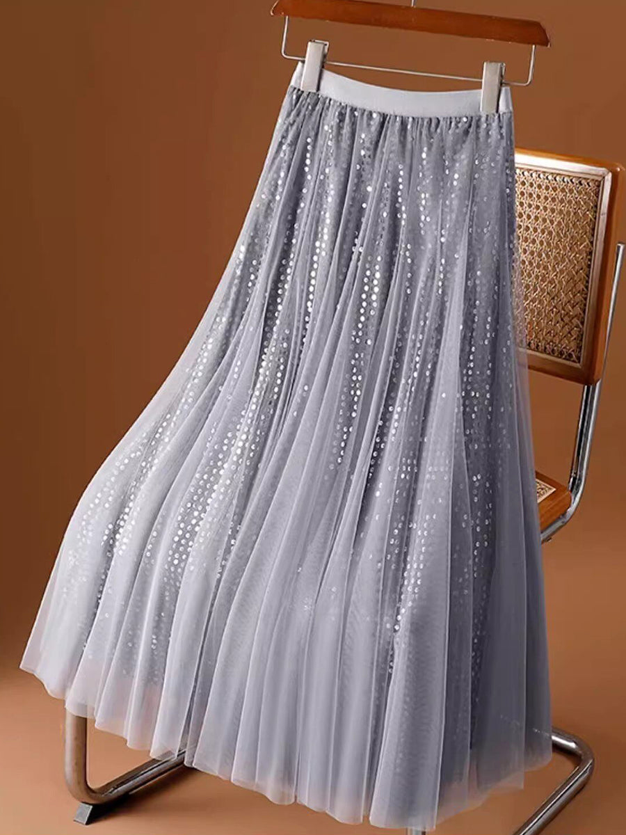 Glamorous And Elegant Sequin Tulle Midi Skirt With A Stretchy Elastic Waistband.