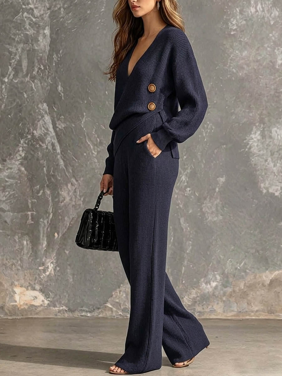 Women's Knit Set: V-neck Long-sleeve Loose Top With Irregular Hem & High-waisted Wide-leg Pants