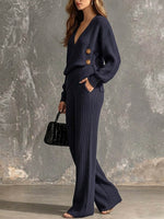 Women's Knit Set: V-neck Long-sleeve Loose Top With Irregular Hem & High-waisted Wide-leg Pants