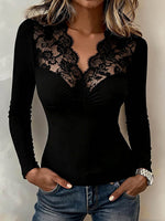 Women's V-neck Floral Lace Spliced Long Sleeve Blouse