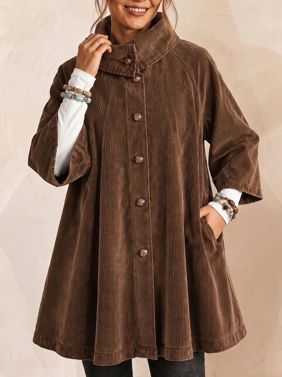 Women's Solid Color Stand-collar 3/4 Sleeve Casual Loose A-line Corduroy Top